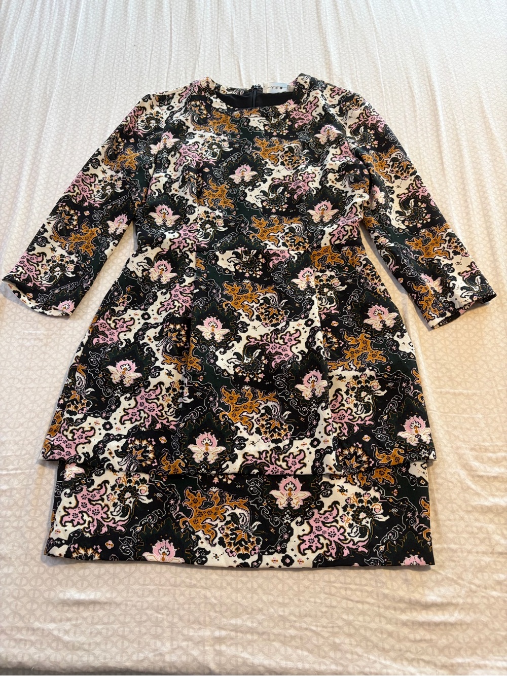 A.L.C. Black Floral Paisley Long-Sleeve Shift Dress with Pink & Mustard Accents
